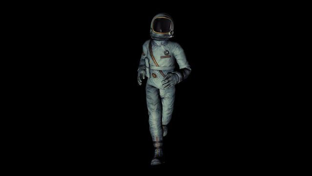 Vintage Astronaut Run Front animation.Full HD 1920×1080.6 Second Long.Transparent Alpha video.LOOP.