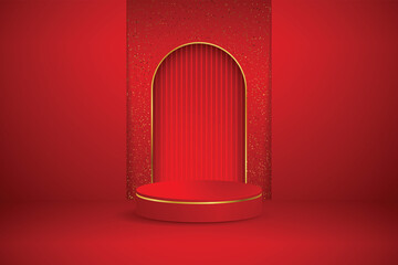 Red podium and modern gold border with geometric background. Abstract vector illustration showing a 3D shape for placing a product with copy space.