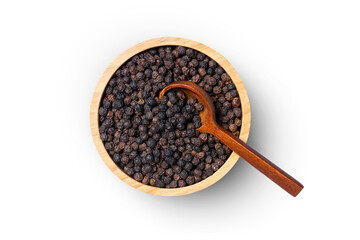Black pepper seeds or peppercorns (dried seeds of piper nigrum) in wooden bow with spoonl isolated on white background,
