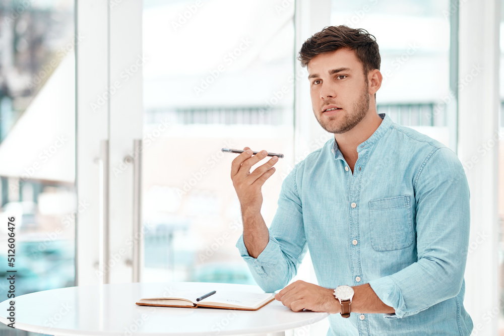 Poster note to self.... cropped shot of a handsome young businessman recording a voice note while siting at