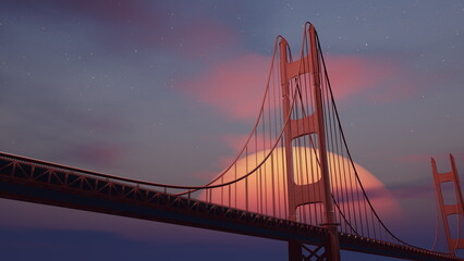 Big red suspension bridge at sunset, big yellow orange sunset over the horizon on the background of the bridge. 3d render