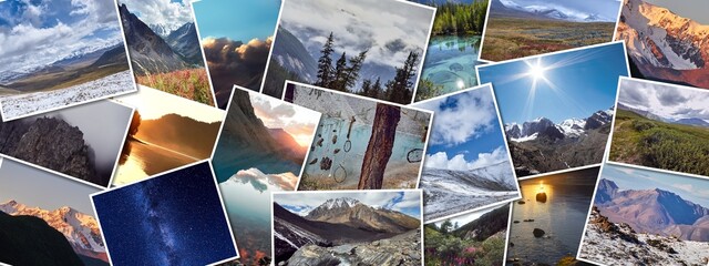 Fototapeta Panorama collage of photos of a trip to the Altai of Russia. Beautiful landscape of forests and mountains of Siberia. Amazing nature of Russia, Altai Krai obraz