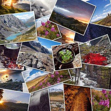 Collage of photos of a travel to the Altai of Russia. Beautiful landscape of forests and mountains of Siberia. Amazing nature of Russia, Altai Krai