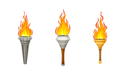 Ancient torches with flame. Flaming metal and wooden torchlights vector illustration