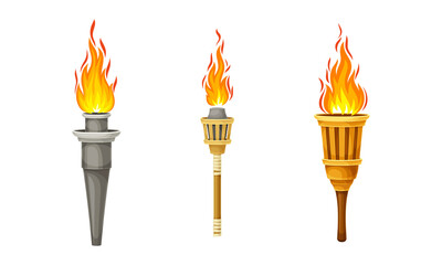 Flaming metal and wooden torchlights set. Ancient torch with burning fire vector illustration