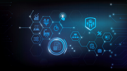 Operations management vector illustration. Blue concept related to organization, project planning and strategy, material flow, input and output