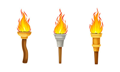 Ancient wooden torches with burning fire set vector illustration