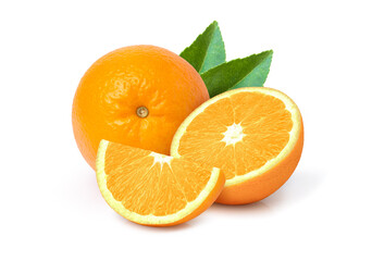 orange fruit with leaf isolated on white
