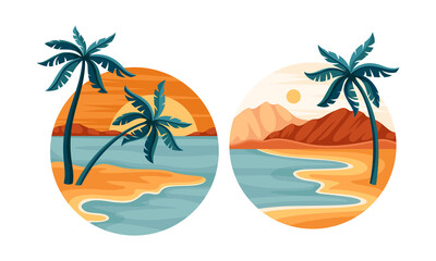 Fototapeta na wymiar Tropical beach in circle set. Idyllic scenes of nature with palm trees on sandy beach vector illustration
