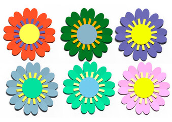 Set of paper flowers of different colors on a white background.