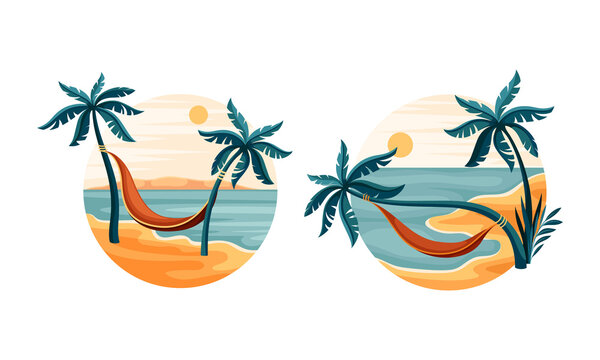 Tropical beach set. Idyllic scenes of seaside with palm trees and hammock in circle vector illustration