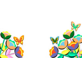 Pattern of paper flowers and butterflies in different colors on a white background.