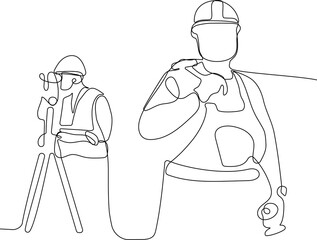Close up of young Caucasian worker with helmet on head using tablet for work while standing in warehouse. Surveyor with a tripod icon. Geodesic tripod. Vector illustration