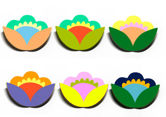 Set of paper flowers of different colors on a white background.