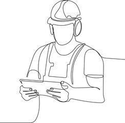 Close up of young Caucasian worker with helmet on head using tablet for work while standing in warehouse. Vector illustration
