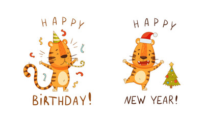 Fototapeta premium Cute little tigers set. Funny baby animal in party hat celebrating Birthday and Christmas holidays vector illustration