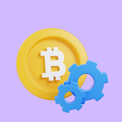 3d illustration bitcoin icon with gear 3d render style