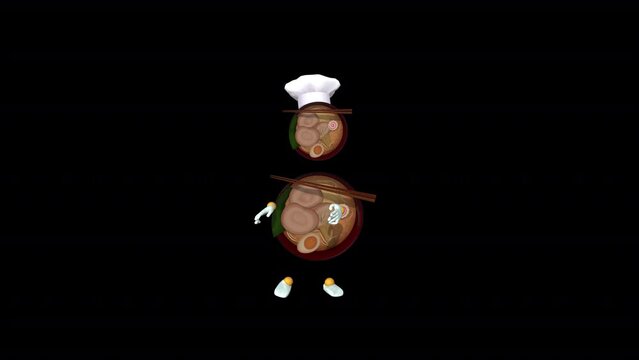 Ramen Cheff Loop Dance, Animation.Full HD 1920&times;1080. 09 Second Long.Transparent Alpha Video. LOOP.