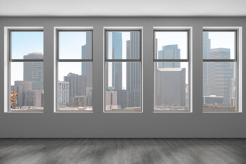 Downtown Los Angeles City Skyline Buildings from High Rise Window. Beautiful Expensive Real Estate overlooking. Epmty room Interior Skyscrapers View Cityscape. Day time. California. 3d rendering.