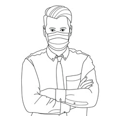 Vector doodle illustration. Protection against contagious disease, coronavirus. Man wearing hygienic mask to prevent infection, airborne respiratory illness such as flu, 2019-nCoV.
