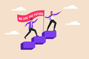 Young boy and girl climbing stairs with flag to the top. International Youth day. Flat vector illustration isolated.