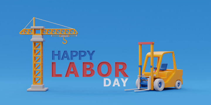 Happy labor day usa concept with forklift truck and construction tools on blue background, 3d rendering