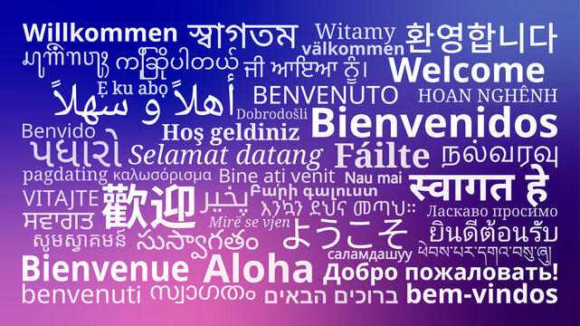 "Welcome" messages in different languages on Blue Violet gradient
