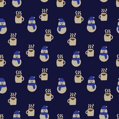 Coffee cups and snowmen seamless pattern design