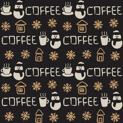 Coffee cups and snowmen seamless pattern design with texts