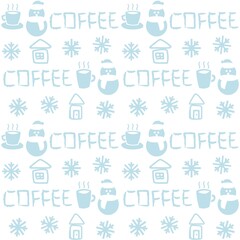 Fototapeta na wymiar Coffee cups and snowmen seamless pattern design with texts