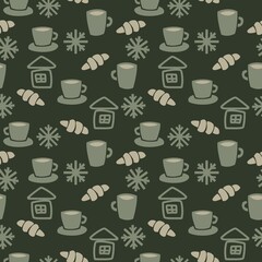 Coffee cups and croissants seamless pattern design