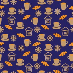 Coffee cups and croissants seamless pattern design