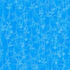 Floral hand drawn seamless pattern. White line flowers on bright blue background