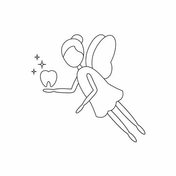 recommend clip art: Cute tooth fairy with wings and tooth. Line art icon. Vector illustration