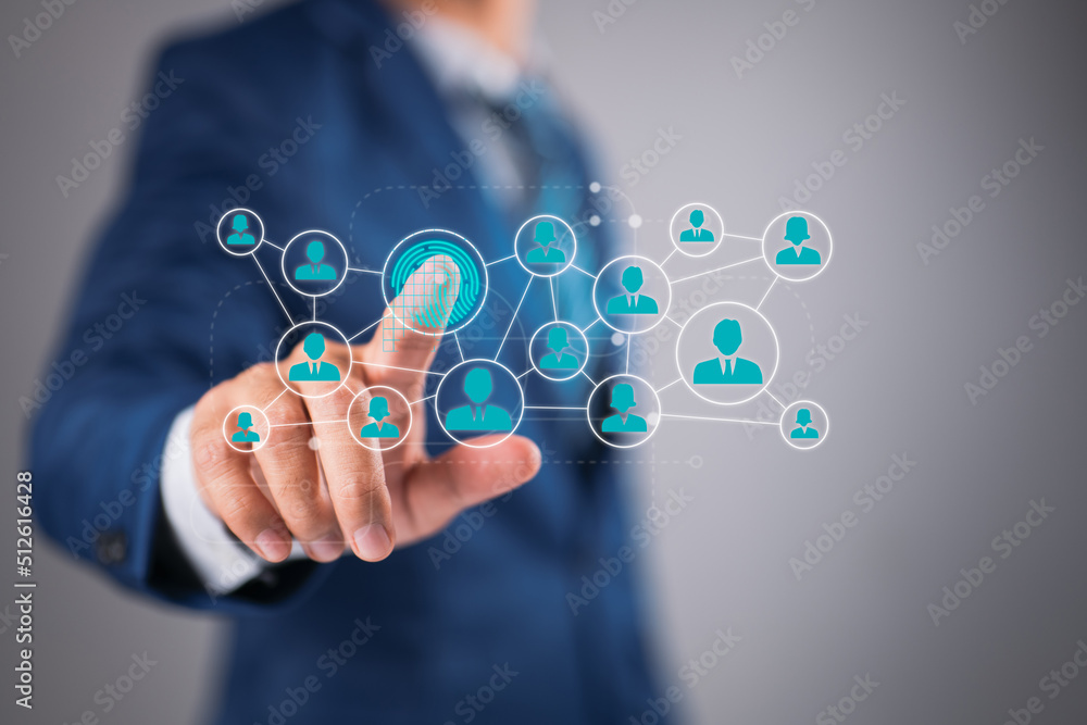 Poster a businessman presses a modern technology web panel with his fingerprint