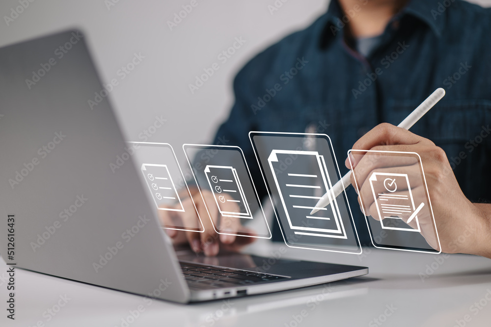Poster paperless workplace ideas, e-signing, electronic signature, document management. a businessman uses 