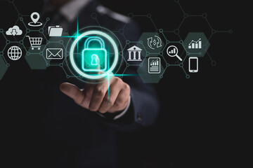Cybersecurity and privacy to safeguard data. Lock symbol and network security technologies for the...