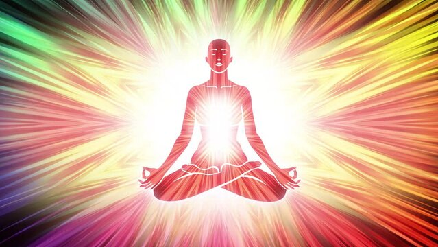 Meditating human silhouette in yoga lotus position on colorful animated background