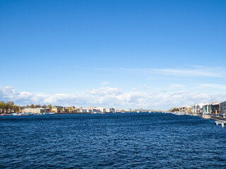 Fototapeta na wymiar blue sky over Great Neva river in St Petersburg