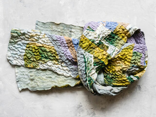 knotted patchwork scarf sewn from silk fabrics