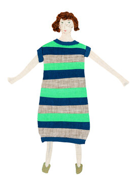 Embroidered Patchwork Woman In Striped Dress