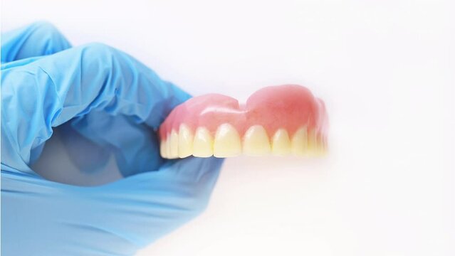 Stop motion video of Used acrylic denture in a gloved hand. Doctor's hand holds a denture. Set of false teeth. Dental background.