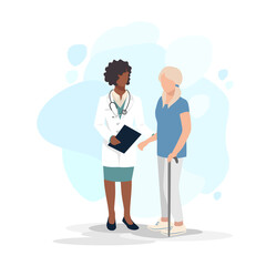 The patient is undergoing orthopedic rehabilitation with a physiotherapist. Physiotherapy. Restoration of health after illness and injury. Flat vector illustration.