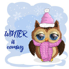 Greeting Christmas card Cute Cartoon Owl with Christmas tree on a white background