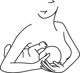 Mom and newborn line art. Women with baby. Female line drawing. Mother and baby silhouettes. Breastfeeding art. Vector illustration