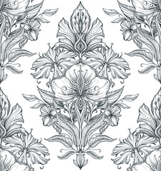 Beautiful vector seamless pattern with hand drawn floral elements, flowers and leaves.