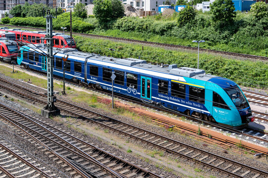 KIEL, GERMANY - JUNE 16, 2021: DB Regio Alstom Coradia LINT 41 train in NAH.SH livery at Kiel main station