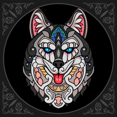 Colorful Siberian husky dog zentangle arts. isolated on black background.