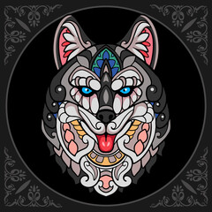 Colorful Siberian husky dog zentangle arts. isolated on black background.