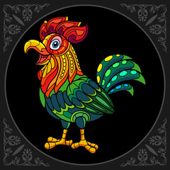 Colorful rooster cartoon zentangle arts. isolated on black background.